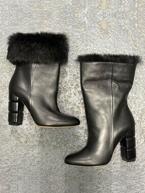 SALVATORE FERRAGAMO LORIS BLACK LEATHER FOX FUR TRIM ANKLE BOOTS